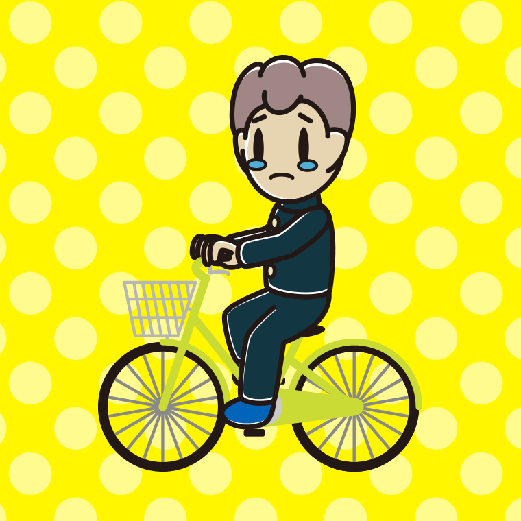 自転車に乗って泣く男子中学生のイラスト【色、背景あり】PNG