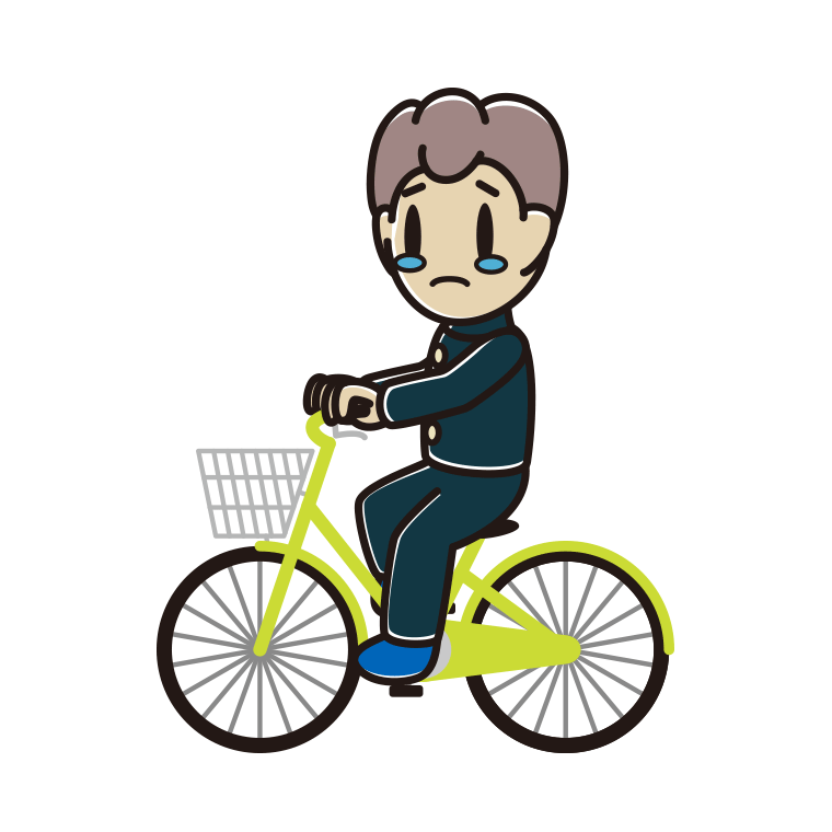 自転車に乗って泣く男子中学生のイラスト【色あり、背景なし】透過PNG