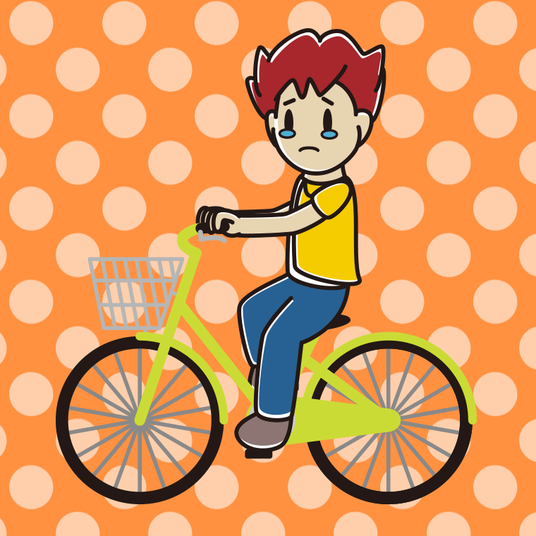 自転車に乗って泣く男子大学生のイラスト【色、背景あり】PNG