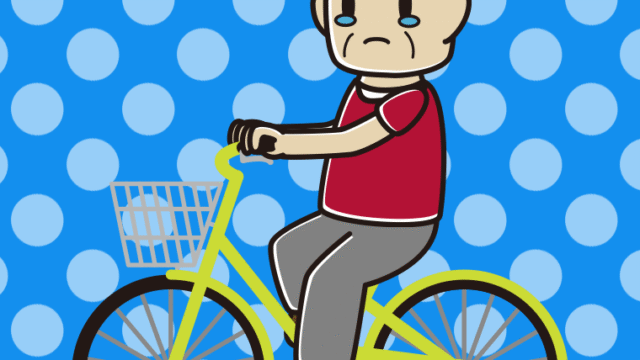 自転車に乗って泣くおじさんのイラスト【色、背景あり】PNG