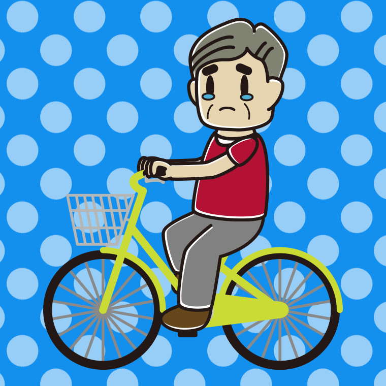 自転車に乗って泣くおじさんのイラスト【色、背景あり】PNG