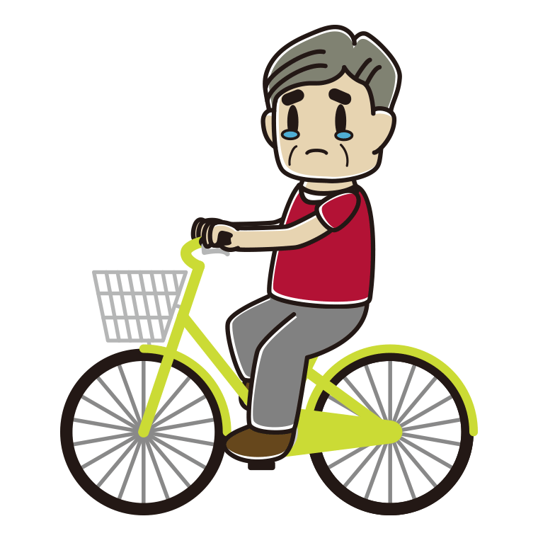 自転車に乗って泣くおじさんのイラスト【色あり、背景なし】透過PNG