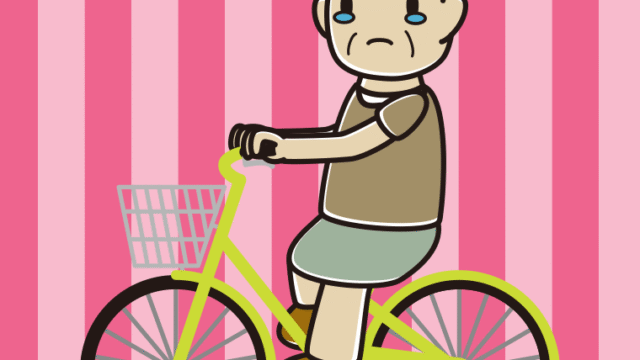 自転車に乗って泣くおばさんのイラスト【色、背景あり】PNG