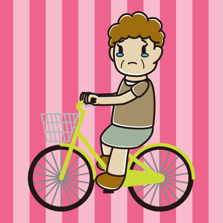 自転車に乗って泣くおばさんのイラスト【色、背景あり】PNG