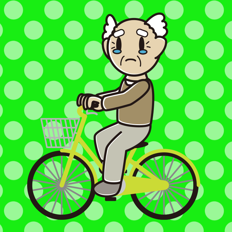 自転車に乗って泣くおじいさんのイラスト【色、背景あり】PNG