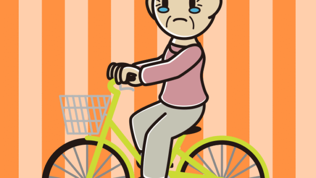 自転車に乗って泣くおばあさんのイラスト【色、背景あり】PNG