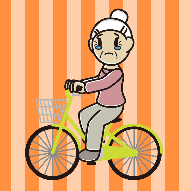 自転車に乗って泣くおばあさんのイラスト【色、背景あり】PNG