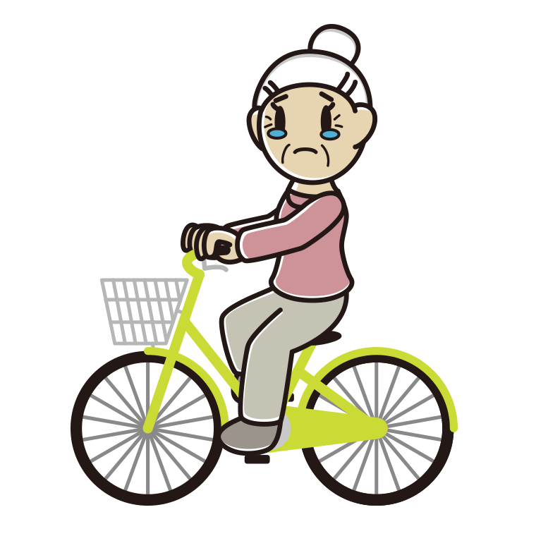 自転車に乗って泣くおばあさんのイラスト【色あり、背景なし】透過PNG