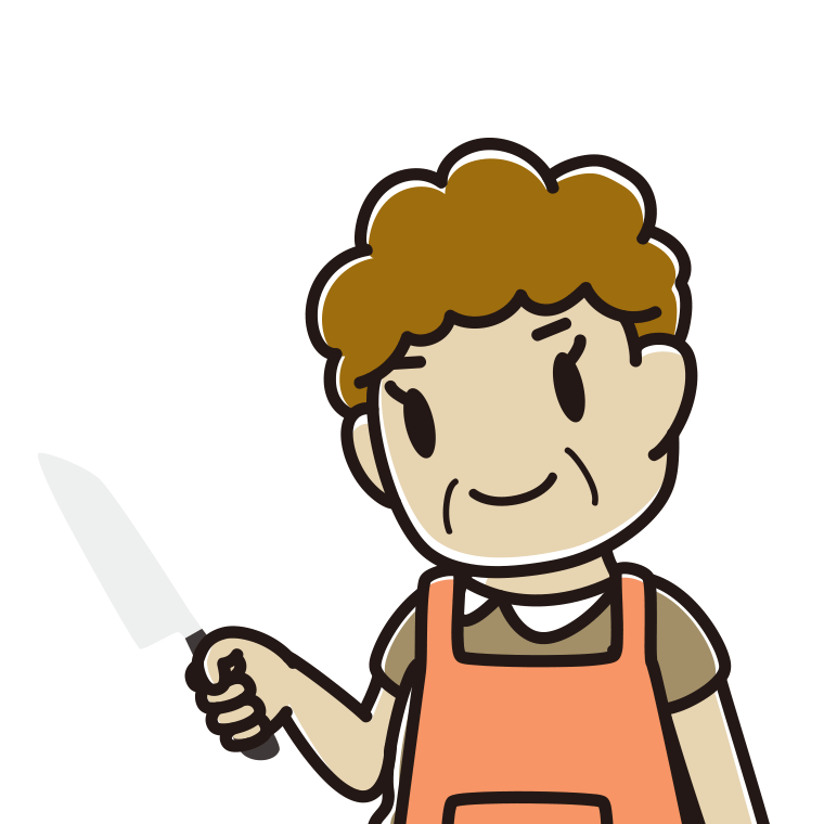包丁を使うおばさんのイラスト【色あり、背景なし】透過PNG