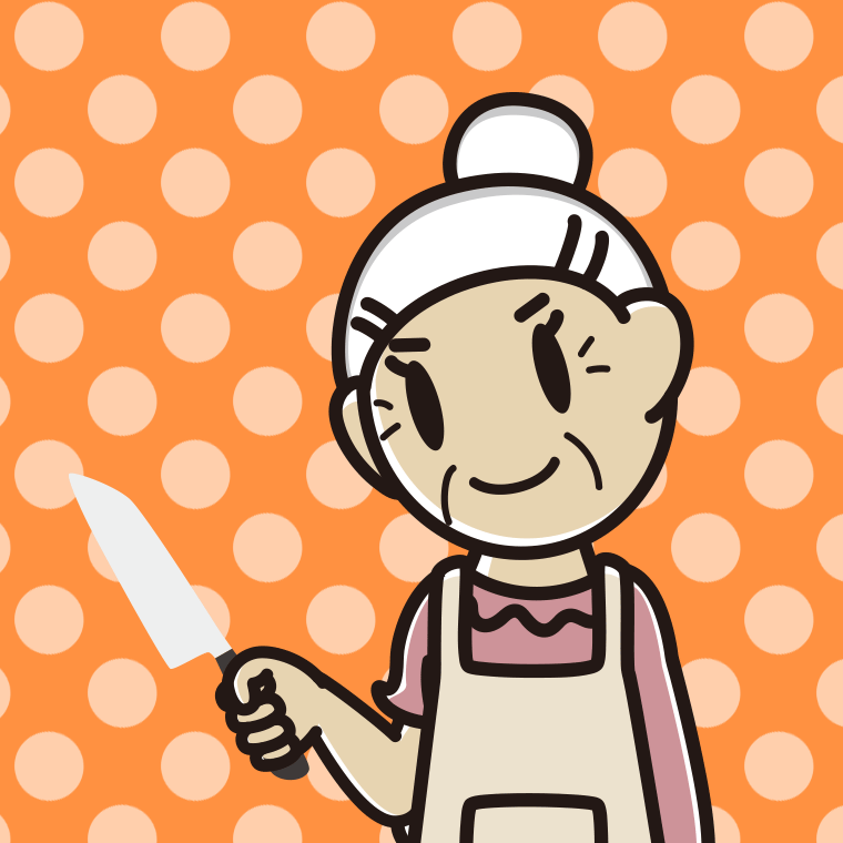 包丁を使うおばあさんのイラスト【色、背景あり】PNG