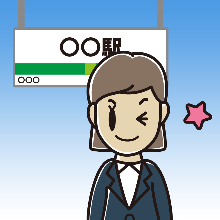 駅のホームでウインクする女性会社員のイラスト【色、背景あり】PNG