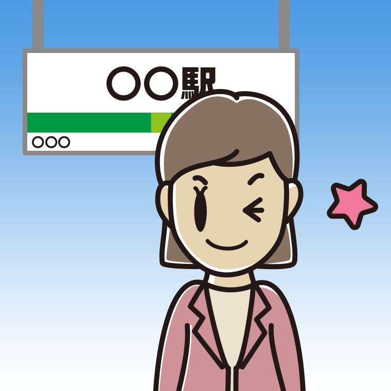 駅のホームでウインクする女性会社員（カジュアル）のイラスト【色、背景あり】PNG