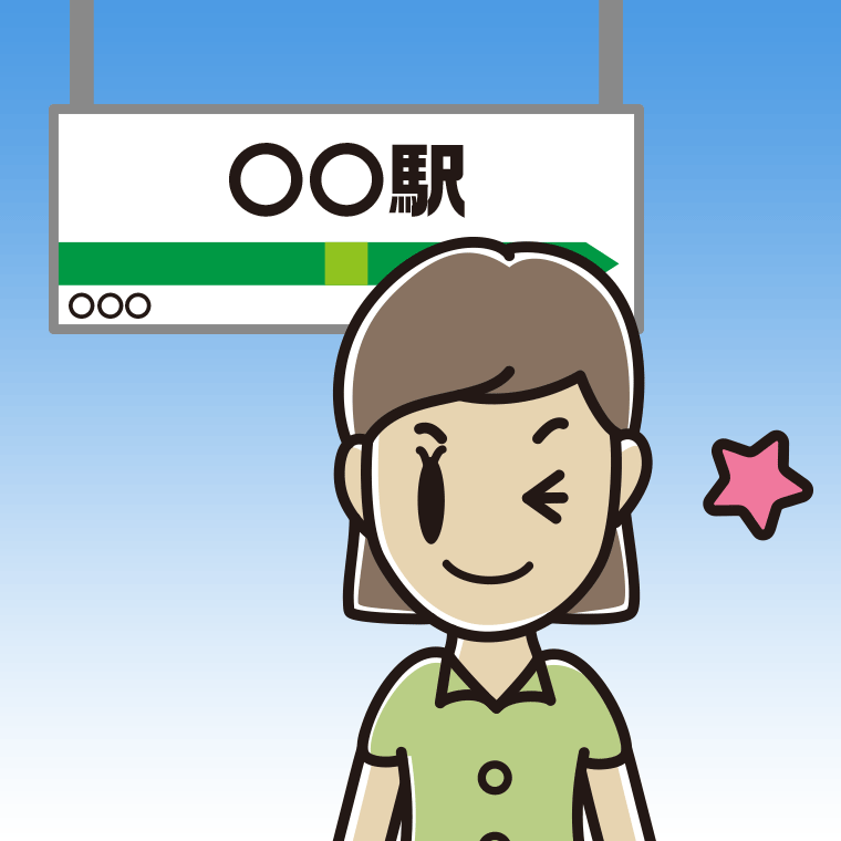 駅のホームでウインクする女性会社員（クールビズ）のイラスト【色、背景あり】PNG