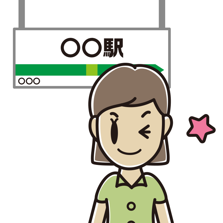 駅のホームでウインクする女性会社員（クールビズ）のイラスト【色あり、背景なし】透過PNG