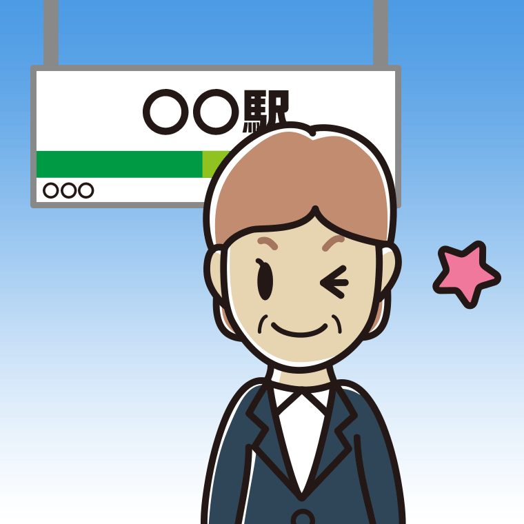 駅のホームでウインクする年配女性会社員のイラスト【色、背景あり】PNG