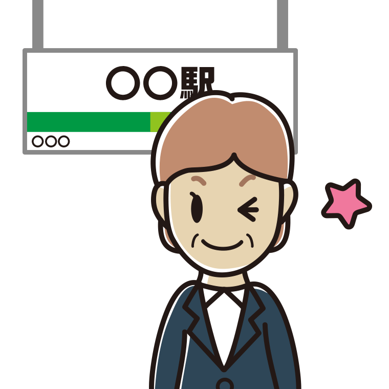 駅のホームでウインクする年配女性会社員のイラスト【色あり、背景なし】透過PNG