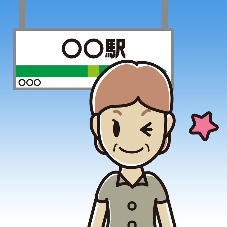 駅のホームでウインクする年配女性会社員（クールビズ）のイラスト【色、背景あり】PNG