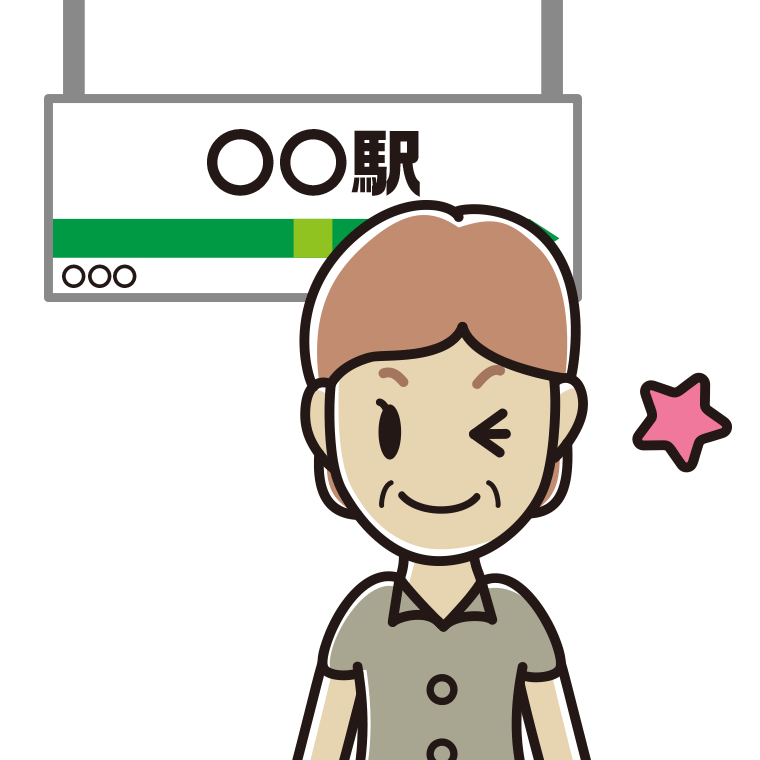 駅のホームでウインクする年配女性会社員（クールビズ）のイラスト【色あり、背景なし】透過PNG