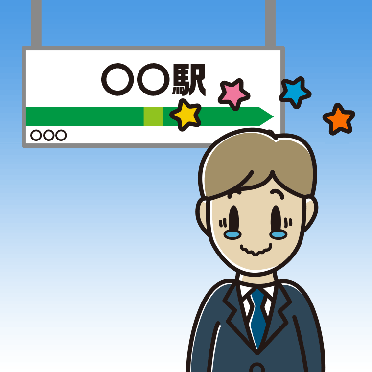 駅のホームでジーンとする男性会社員のイラスト【色、背景あり】PNG