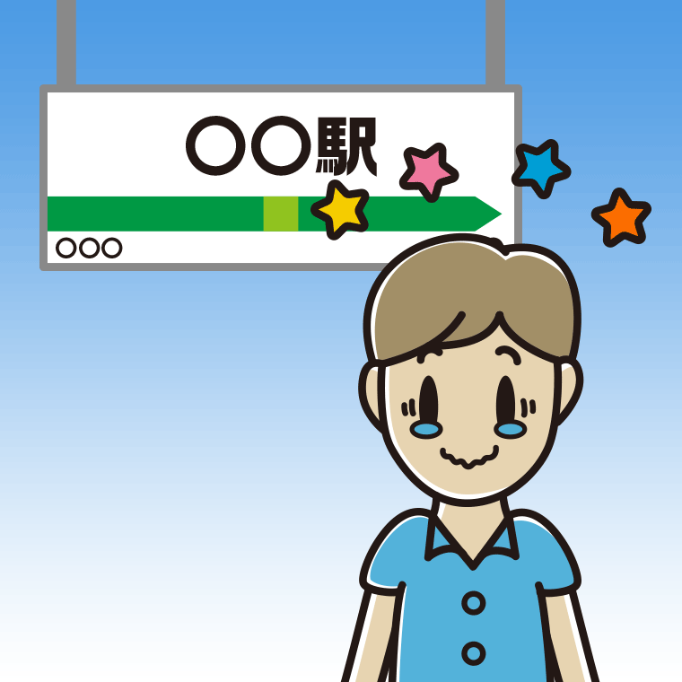 駅のホームでジーンとする男性会社員（クールビズ）のイラスト【色、背景あり】PNG