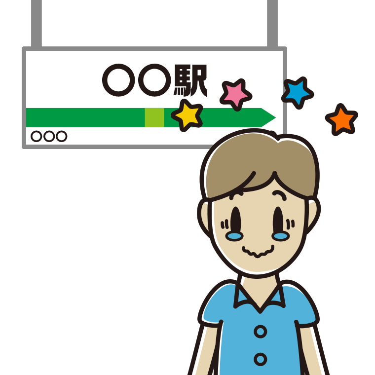 駅のホームでジーンとする男性会社員（クールビズ）のイラスト【色あり、背景なし】透過PNG