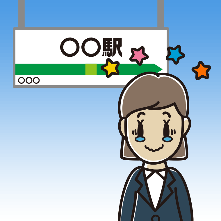 駅のホームでジーンとする女性会社員のイラスト【色、背景あり】PNG