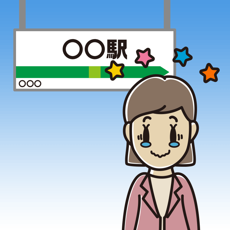 駅のホームでジーンとする女性会社員（カジュアル）のイラスト【色、背景あり】PNG