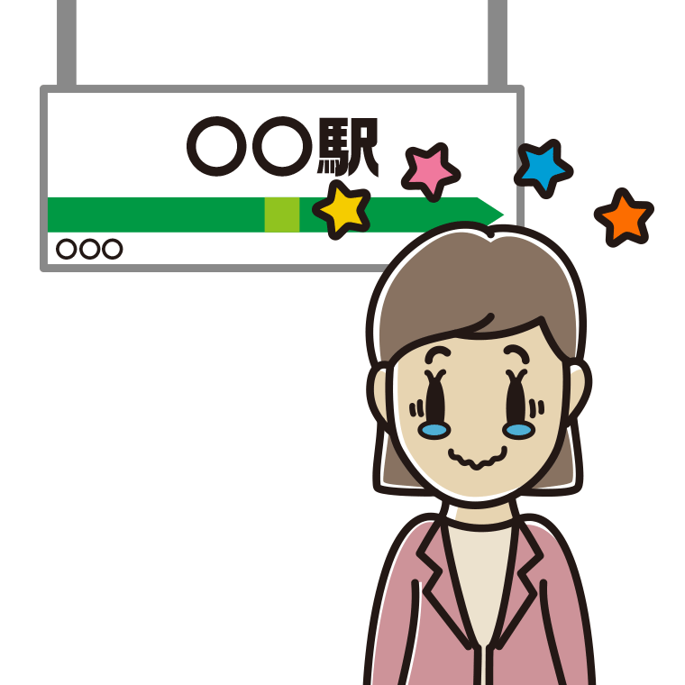 駅のホームでジーンとする女性会社員（カジュアル）のイラスト【色あり、背景なし】透過PNG