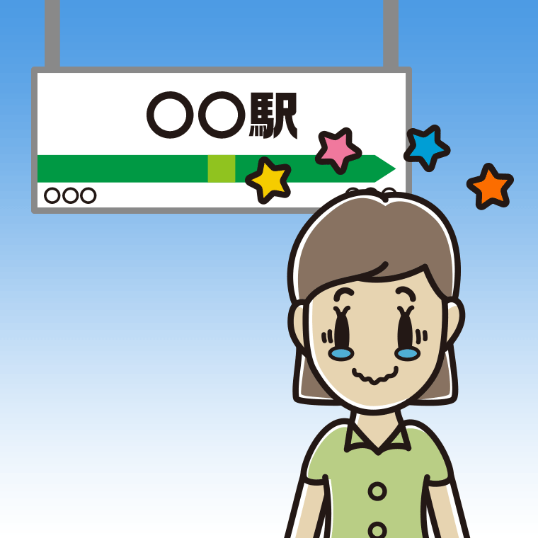 駅のホームでジーンとする女性会社員（クールビズ）のイラスト【色、背景あり】PNG