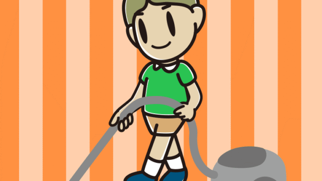 掃除機をかける小学生男子のイラスト【色、背景あり】PNG