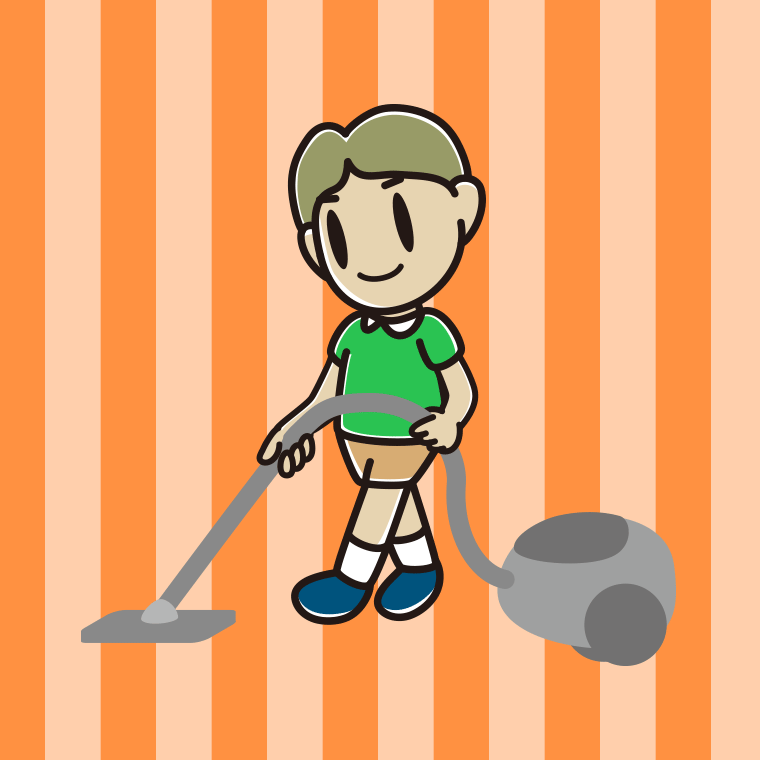 掃除機をかける小学生男子のイラスト【色、背景あり】PNG
