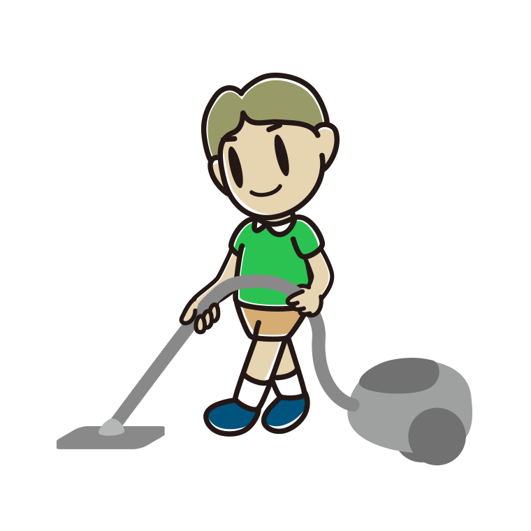 掃除機をかける小学生男子のイラスト【色あり、背景なし】透過PNG