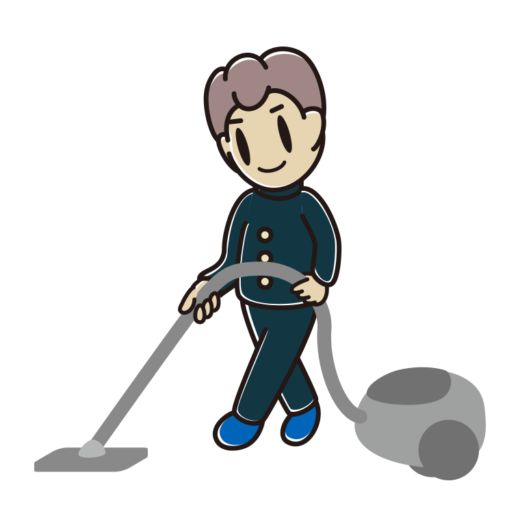 掃除機をかける男子中学生のイラスト【色あり、背景なし】透過PNG