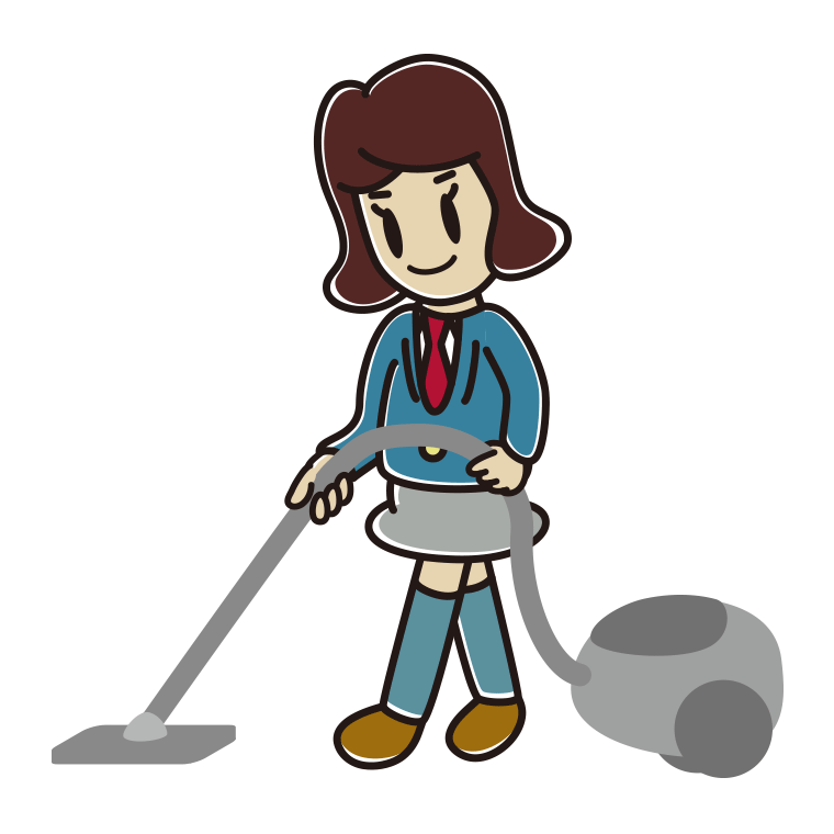 掃除機をかける女子高校生のイラスト【色あり、背景なし】透過PNG