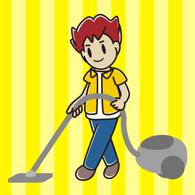 掃除機をかける男子大学生のイラスト【色、背景あり】PNG