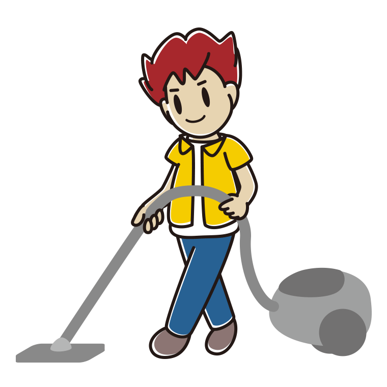 掃除機をかける男子大学生のイラスト【色あり、背景なし】透過PNG