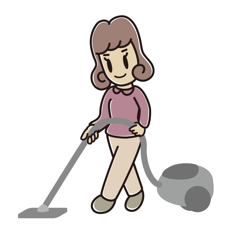 掃除機をかける女子大学生のイラスト【色あり、背景なし】透過PNG