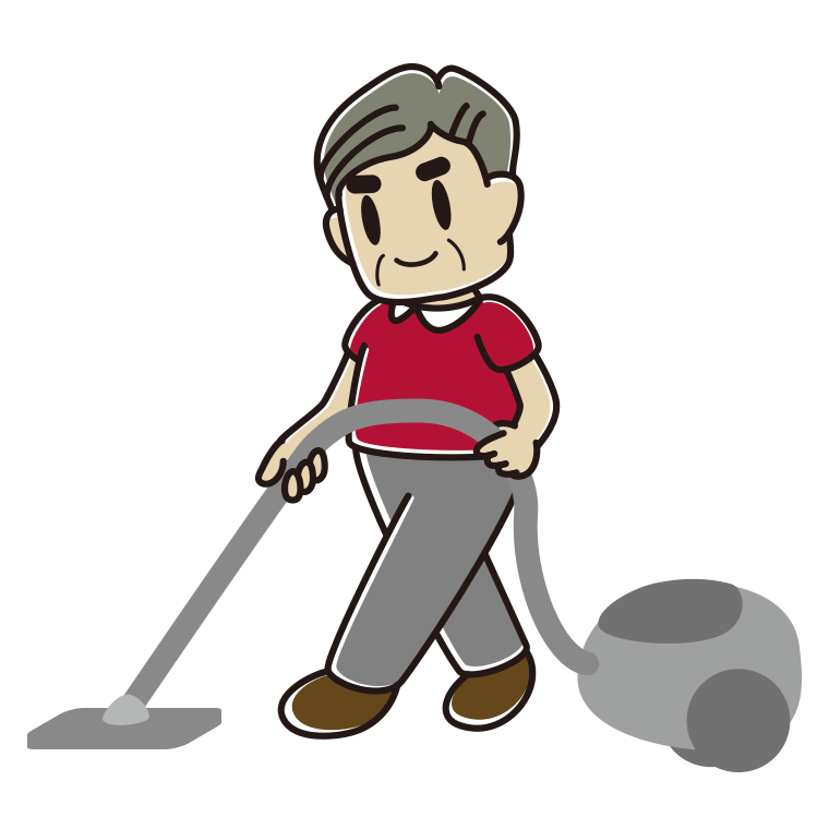 掃除機をかけるおじさんのイラスト【色あり、背景なし】透過PNG