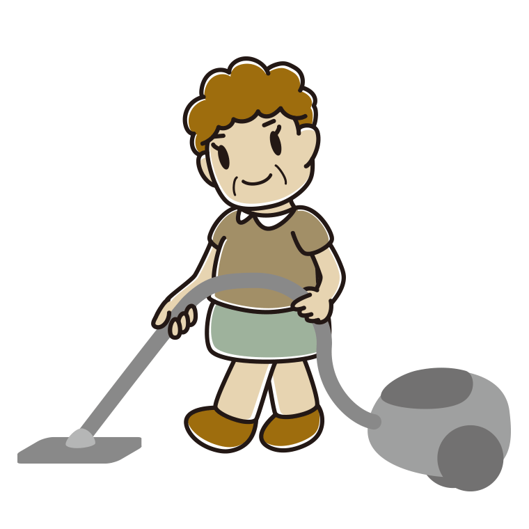掃除機をかけるおばさんのイラスト【色あり、背景なし】透過PNG