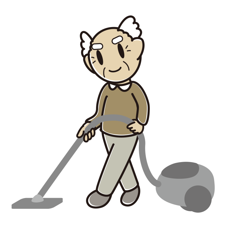 掃除機をかけるおじいさんのイラスト【色あり、背景なし】透過PNG