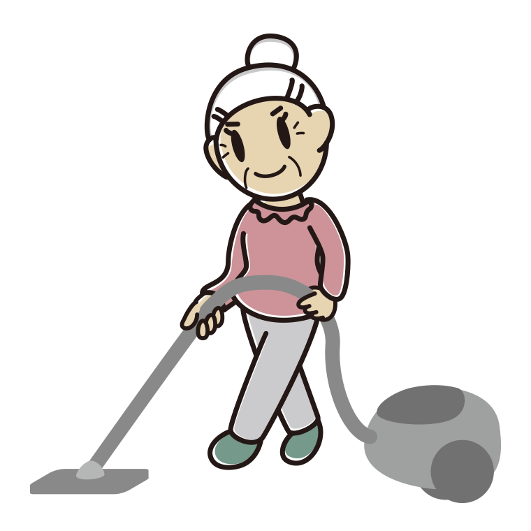 掃除機をかけるおばあさんのイラスト【色あり、背景なし】透過PNG