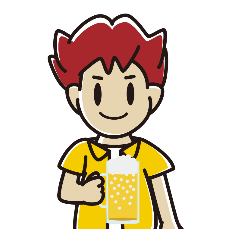ビールを飲む男子大学生のイラスト【色あり、背景なし】透過PNG