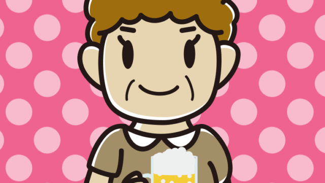 ビールを飲むおばさんのイラスト【色、背景あり】PNG