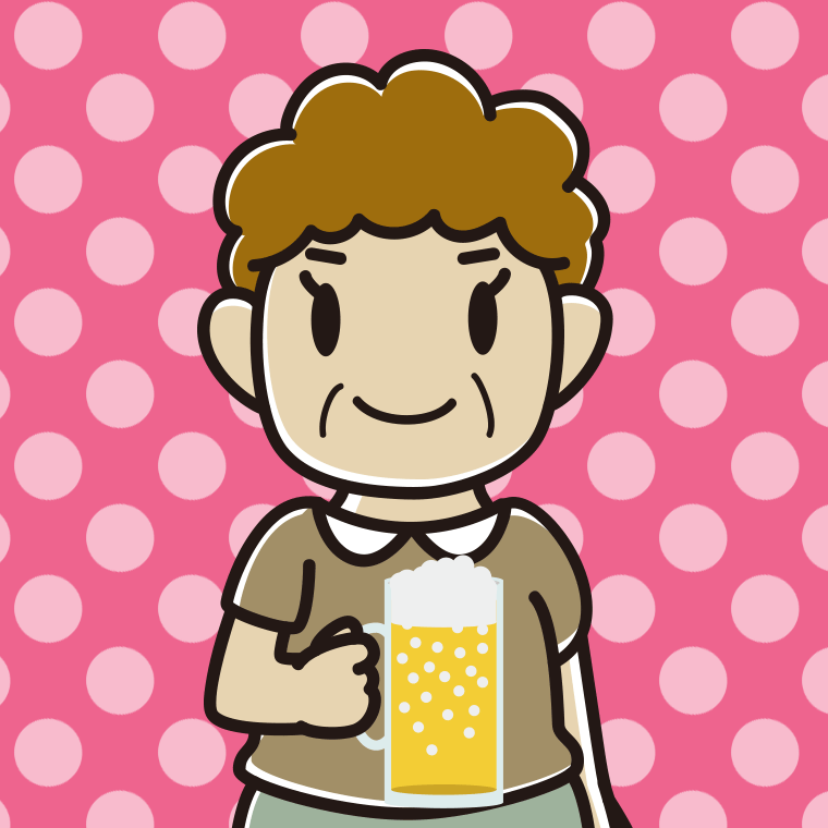ビールを飲むおばさんのイラスト【色、背景あり】PNG