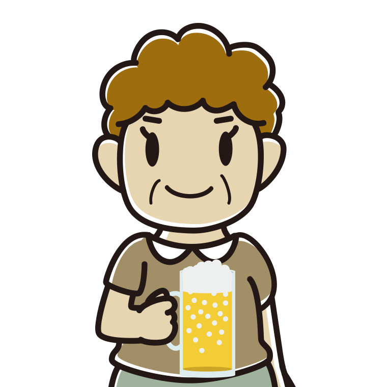 ビールを飲むおばさんのイラスト【色あり、背景なし】透過PNG