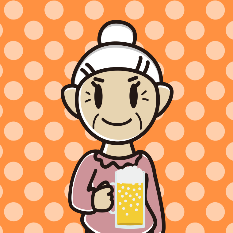 ビールを飲むおばあさんのイラスト【色、背景あり】PNG