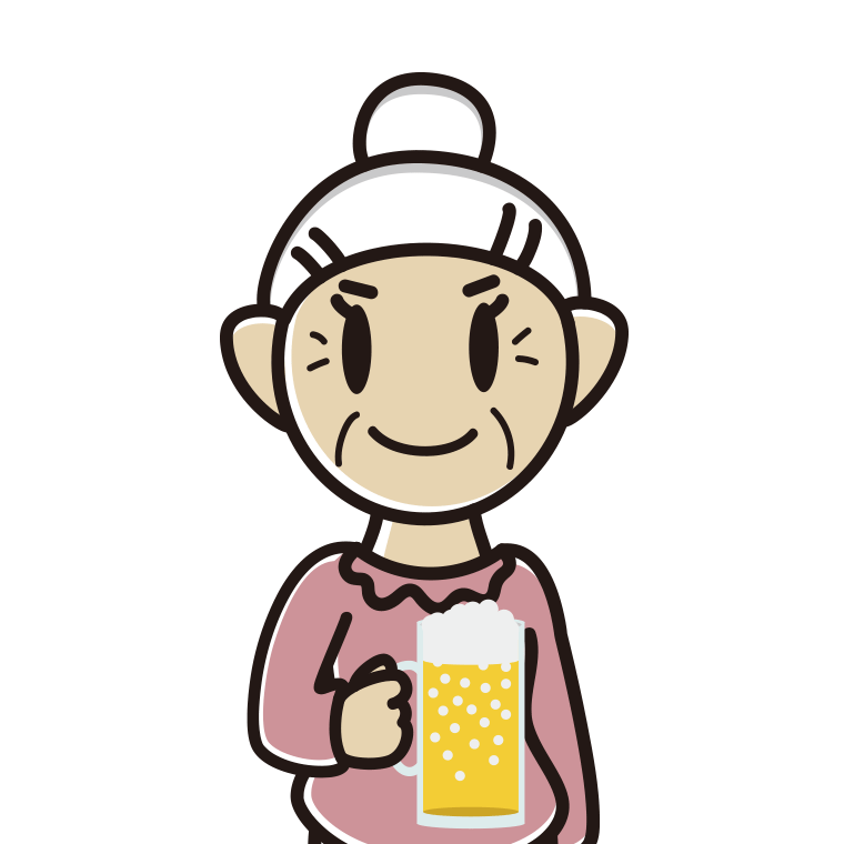ビールを飲むおばあさんのイラスト【色あり、背景なし】透過PNG