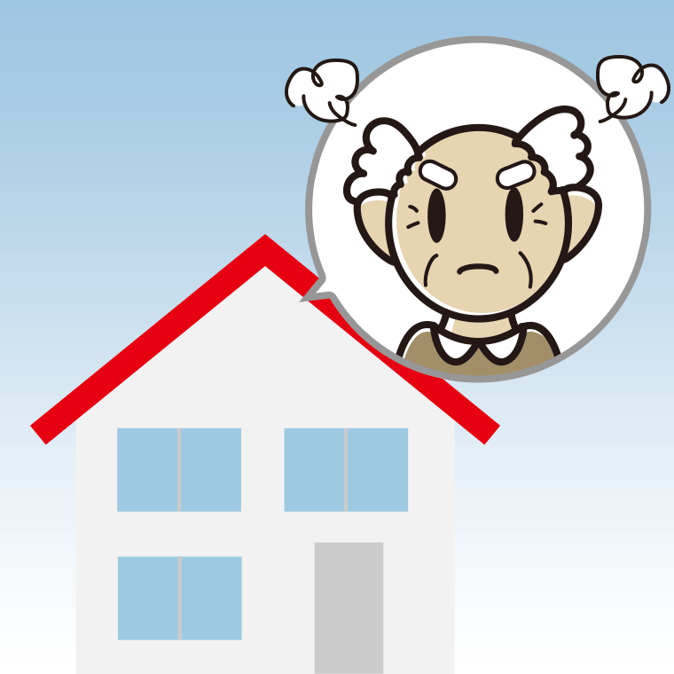 一戸建てで怒るおじいさんのイラスト【色、背景あり】PNG