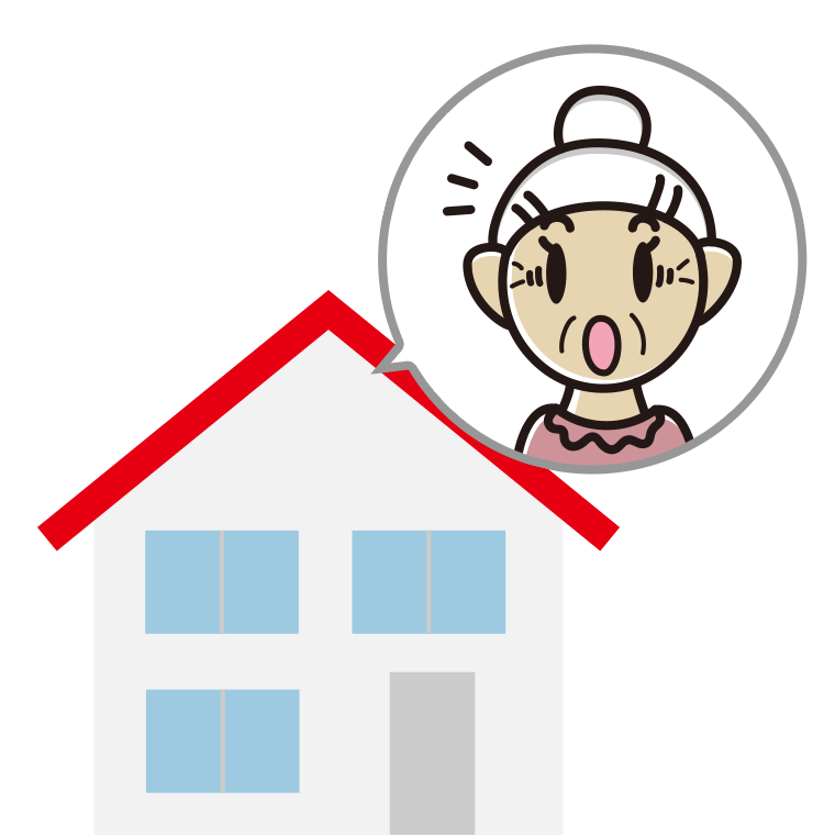 一戸建てで驚くおばあさんのイラスト【色あり、背景なし】透過PNG