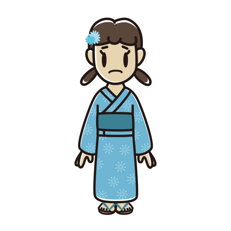 困る浴衣姿の女子中学生のイラスト【色あり、背景なし】透過PNG